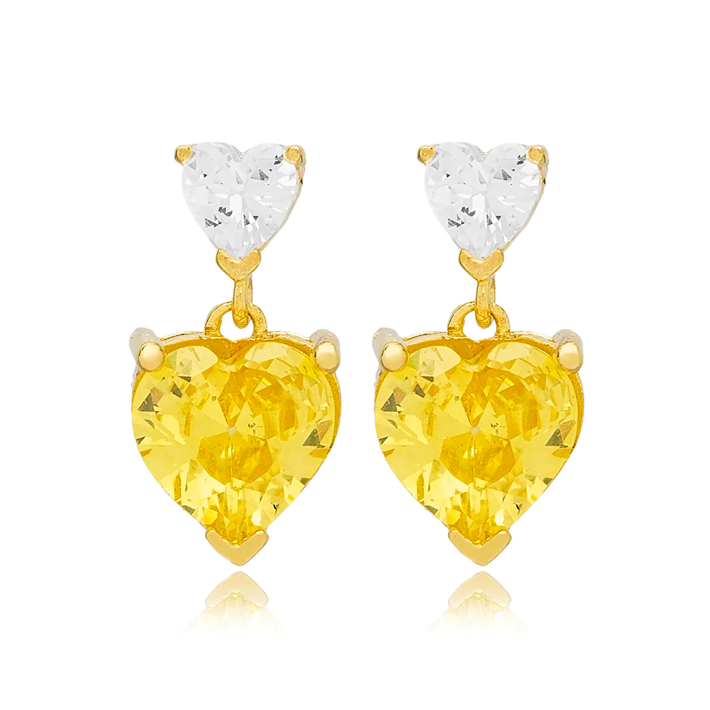 Elegant Citrine Stone Heart Shape Stud Earrings Turkish Wholesale 925 Sterling Silver Jewelry