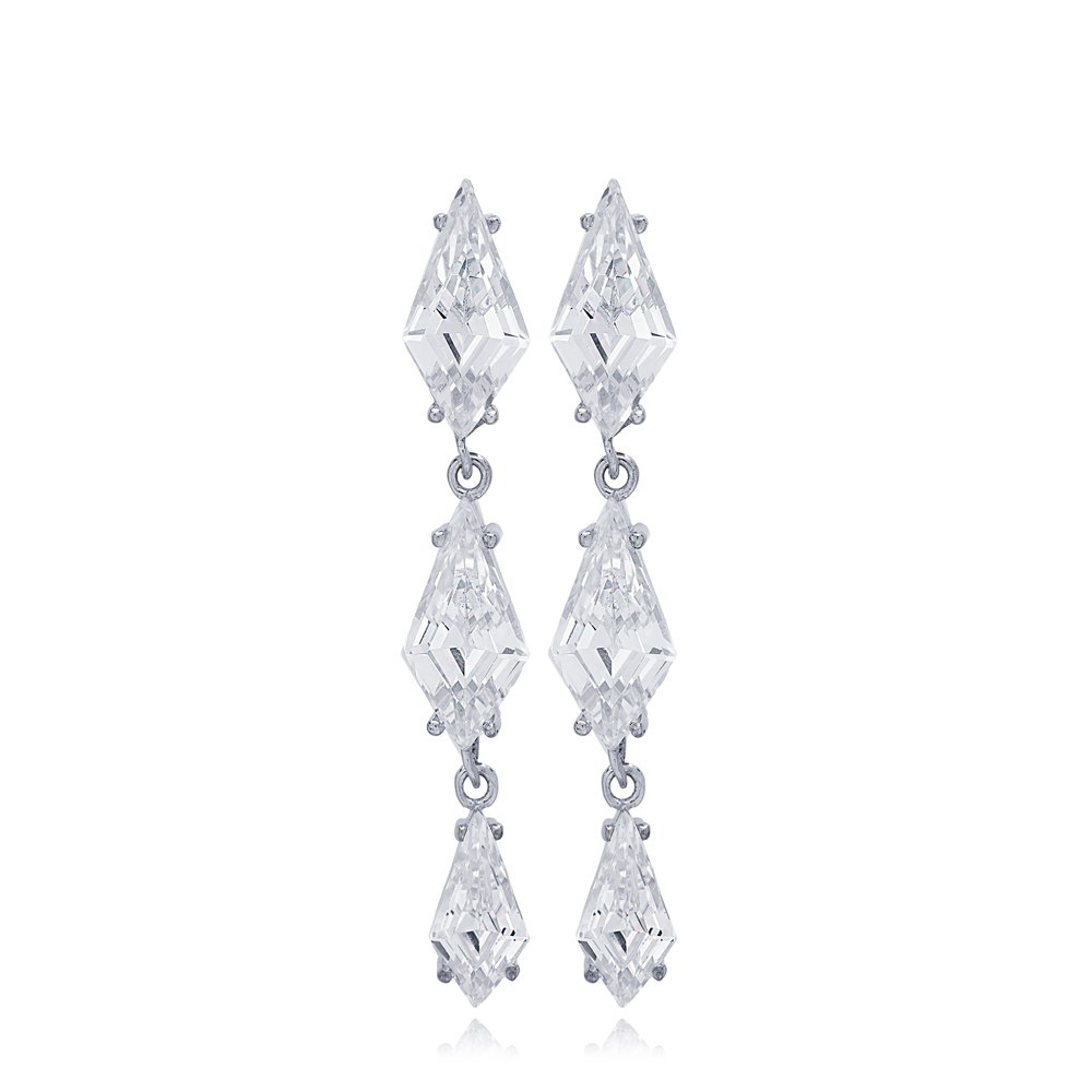 Elegant Design Shiny Zircon Geometric Design Stud Long Earrings Turkish 925 Sterling Silver Jewelry