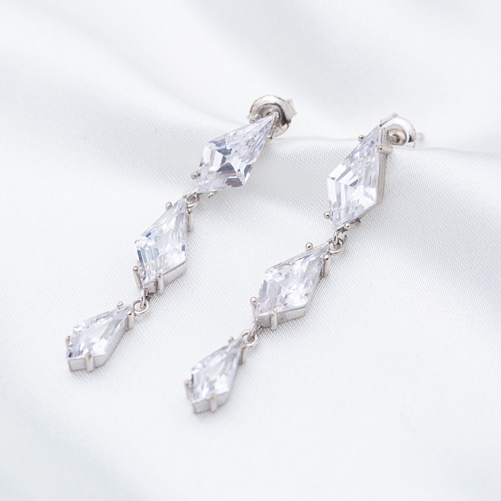Elegant Design Shiny Zircon Geometric Design Stud Long Earrings Turkish 925 Sterling Silver Jewelry