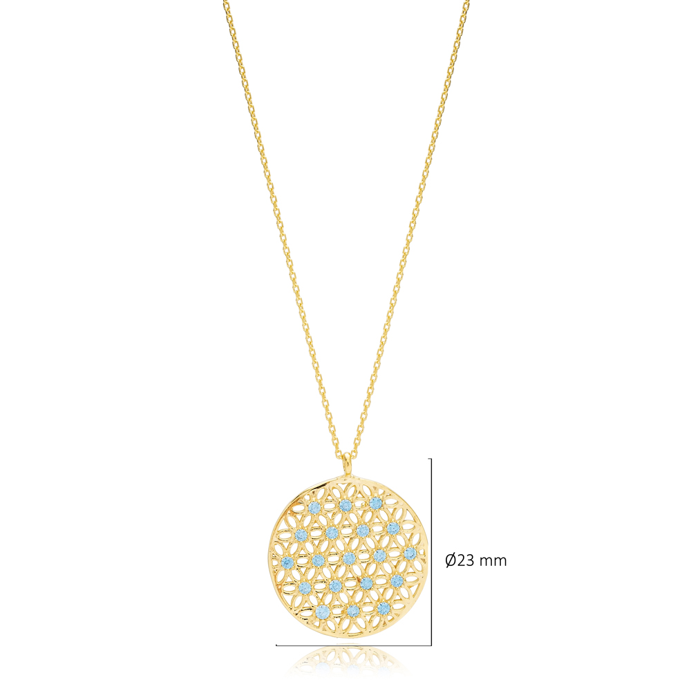 Tradational Round Shape Aquamarine Stone Flower Design Necklace Turkish Wholesale 925 Sterling Silver Jewelry