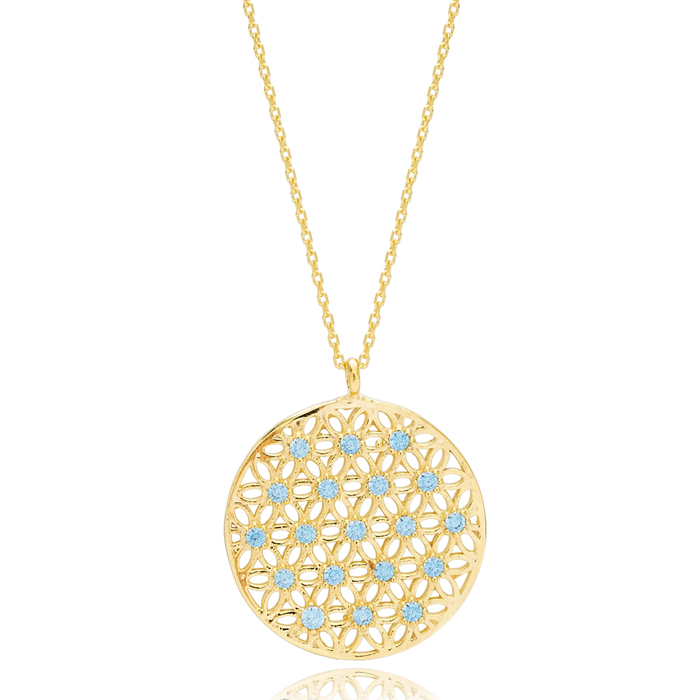 Tradational Round Shape Aquamarine Flower Design Necklace Turkish Wholesale 925 Sterling Silver Jewelry