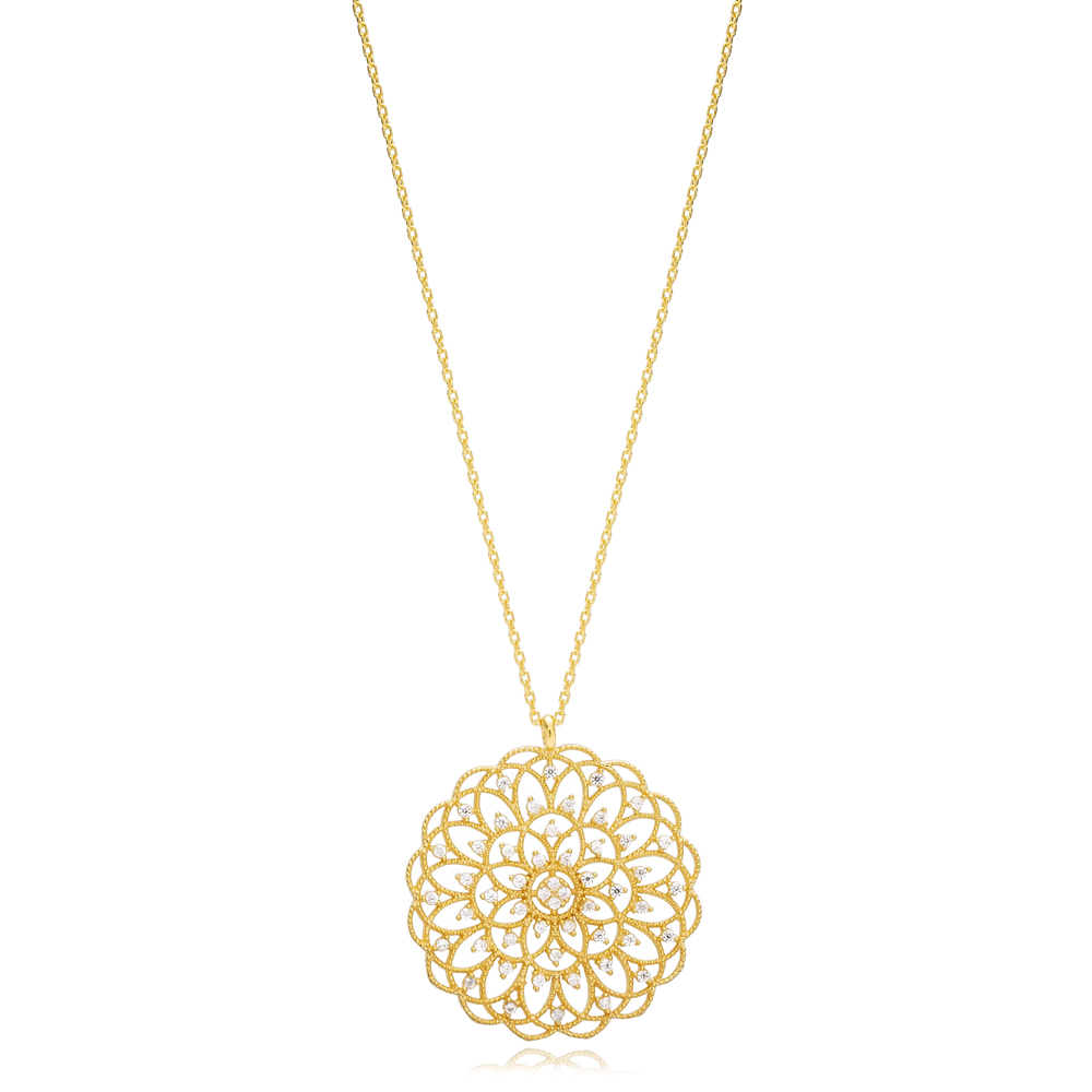 Dainty Zircon Stone Round Flower Design Necklace Pendant Wholesale 925 Sterling Silver Jewelry