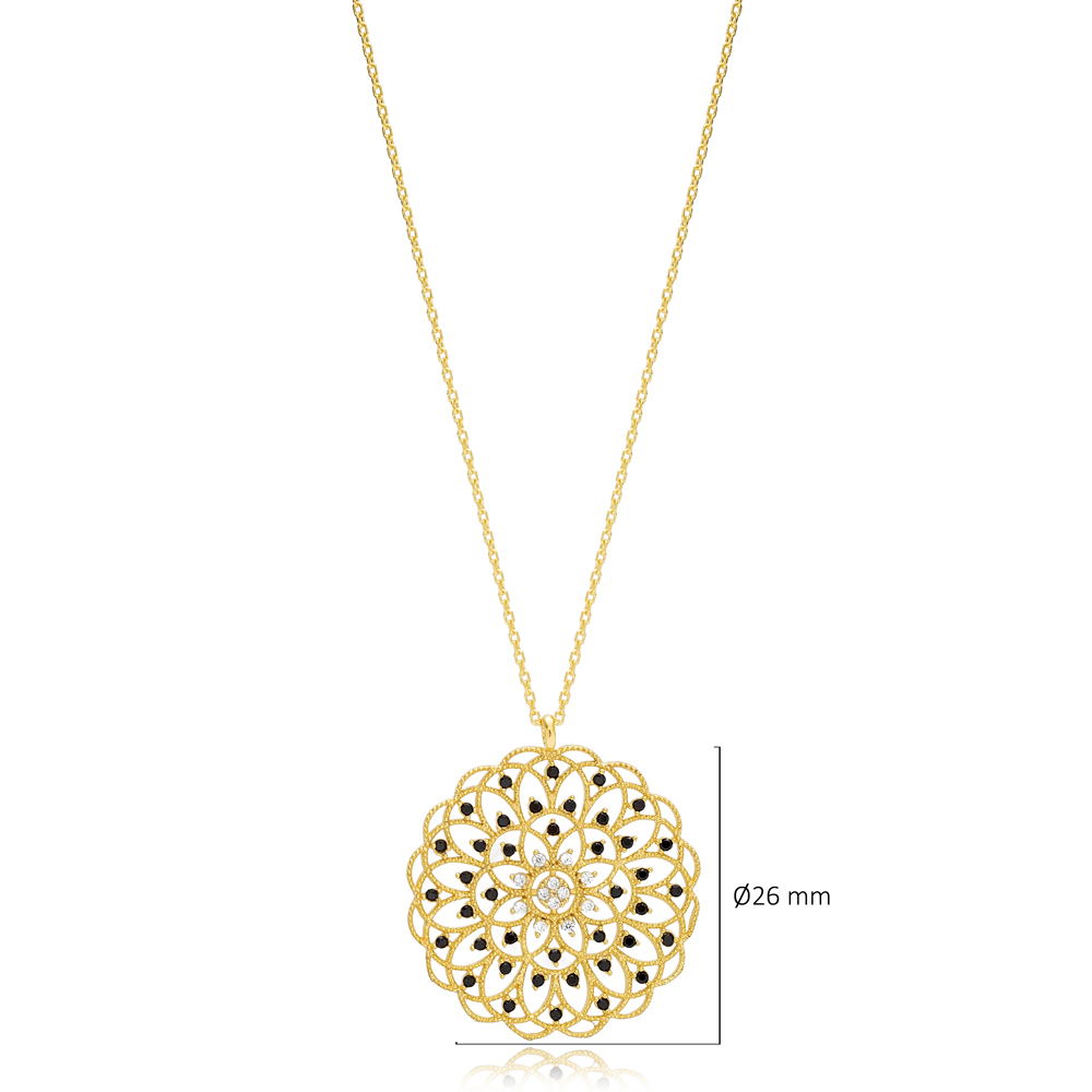 Elegant Black Zircon Stone Round Flower Design Necklace Pendant Wholesale 925 Sterling Silver Jewelry