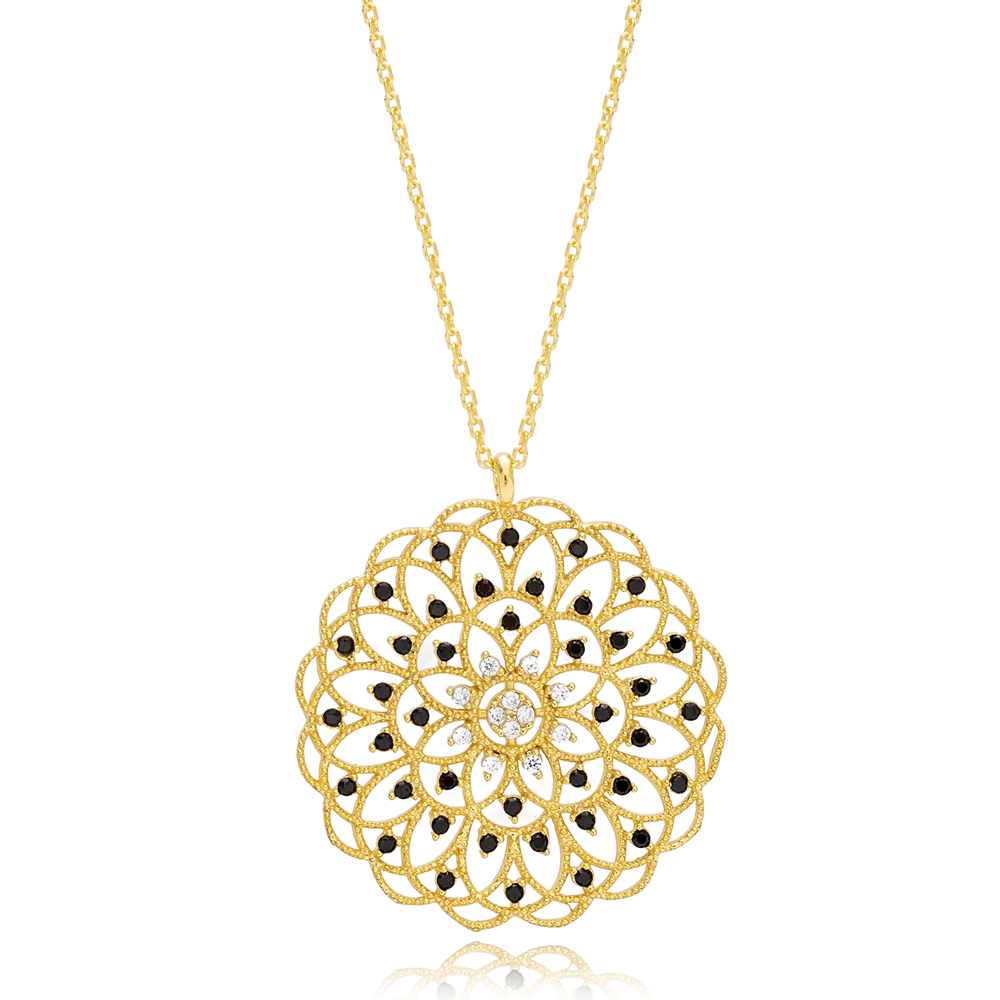 Elegant Black Zircon Stone Round Flower Design Necklace Pendant Wholesale 925 Sterling Silver Jewelry