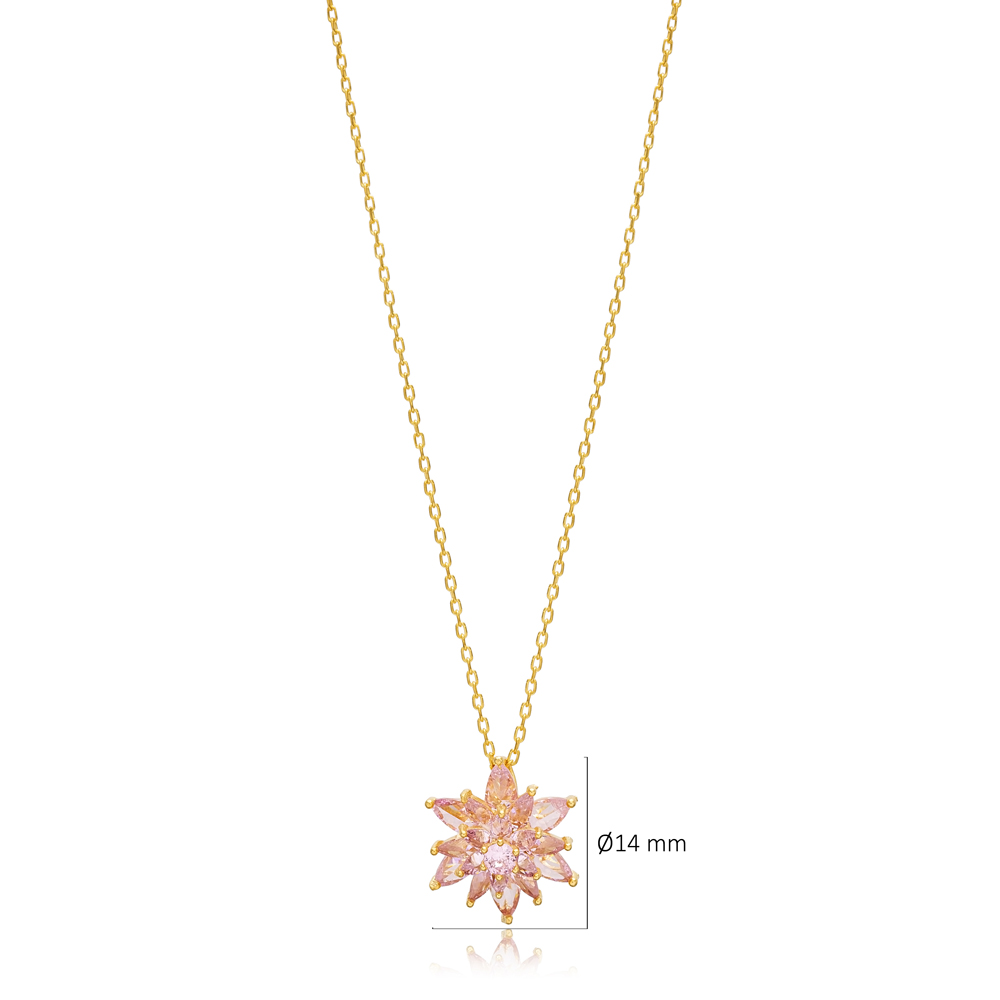Cute Pink Zircon Stone Unique Flower Design Charm Pendant Necklace 925 Sterling Silver Jewelry