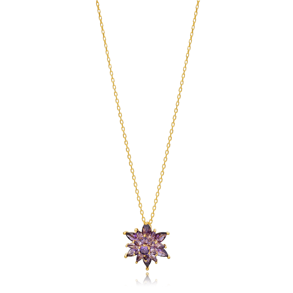 Amethyst Zircon Stone Unique Flower Design Charm Pendant Necklace 925 Sterling Silver Jewelry