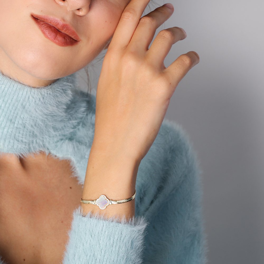 Four Clover Design Mother of Pearl Stone Charm Bracelet Handmade Wholesale Turkish 925 Sterling Silver Jewelry