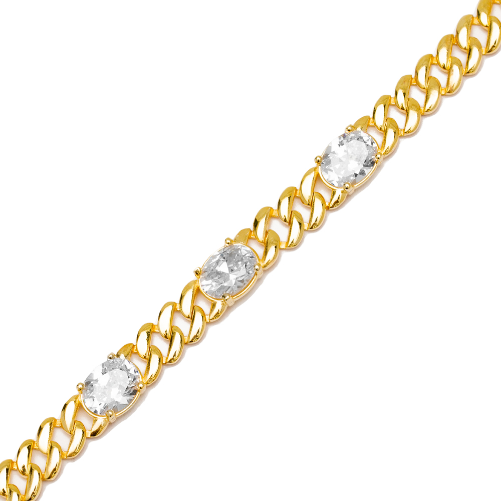Oval Zircon Stone Gourmet Chain Bracelet Wholesale Turkish Handcrafted 925 Sterling Silver Jewelry