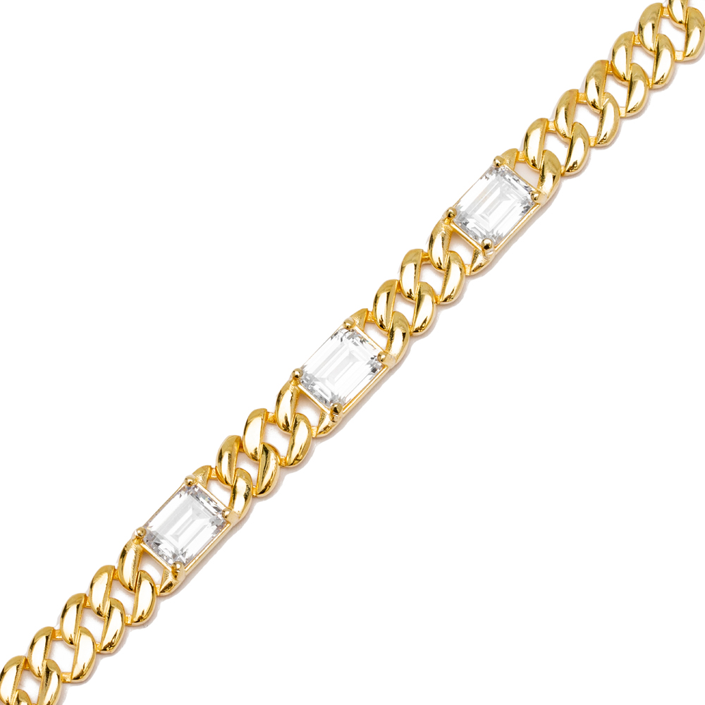 Baguette Zircon Stone Gourmet Chain Bracelet Wholesale Turkish Handcrafted 925 Sterling Silver Jewelry