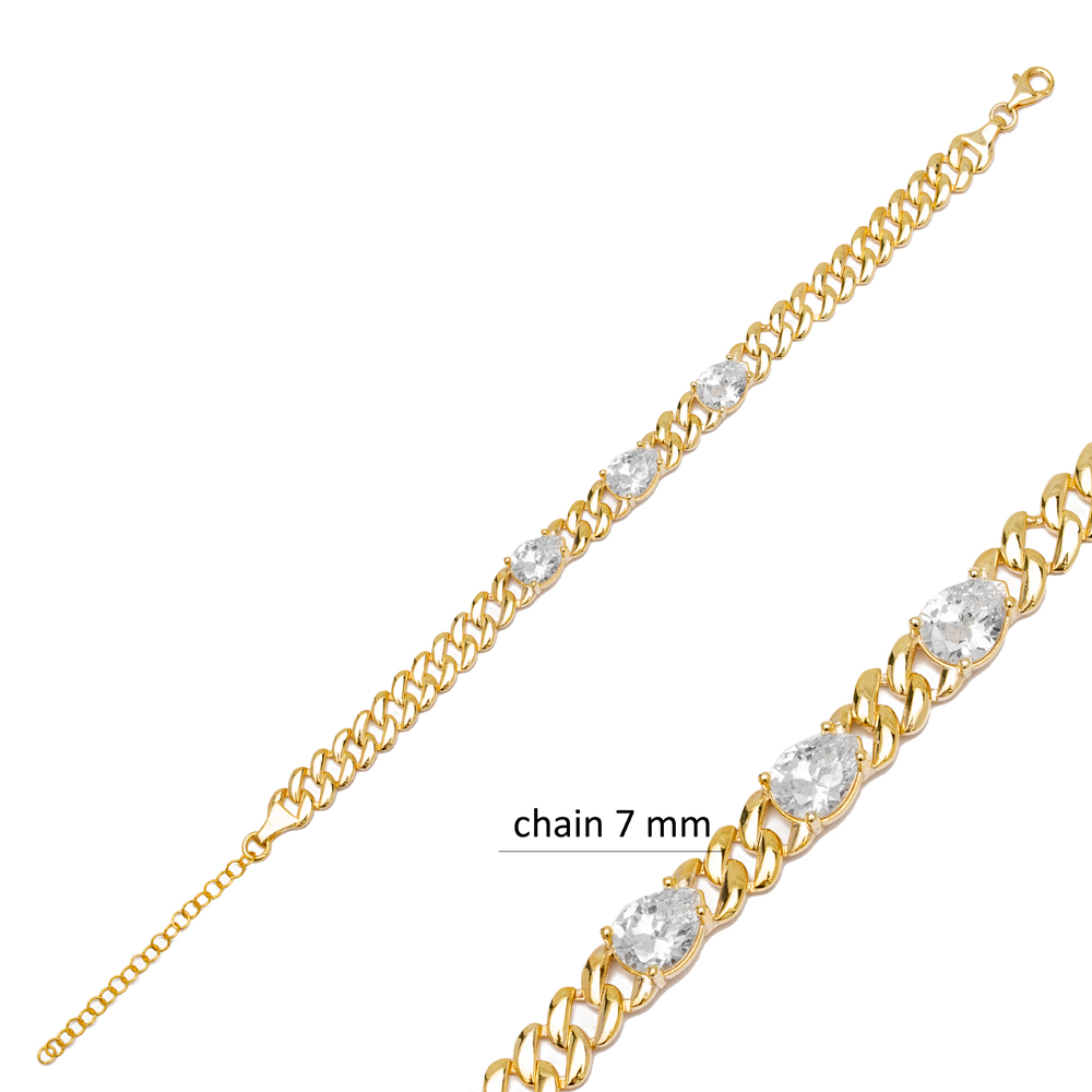 Pear Zircon Gourmet Chain Bracelet Wholesale Turkish Handcrafted 925 Sterling Silver Jewelry