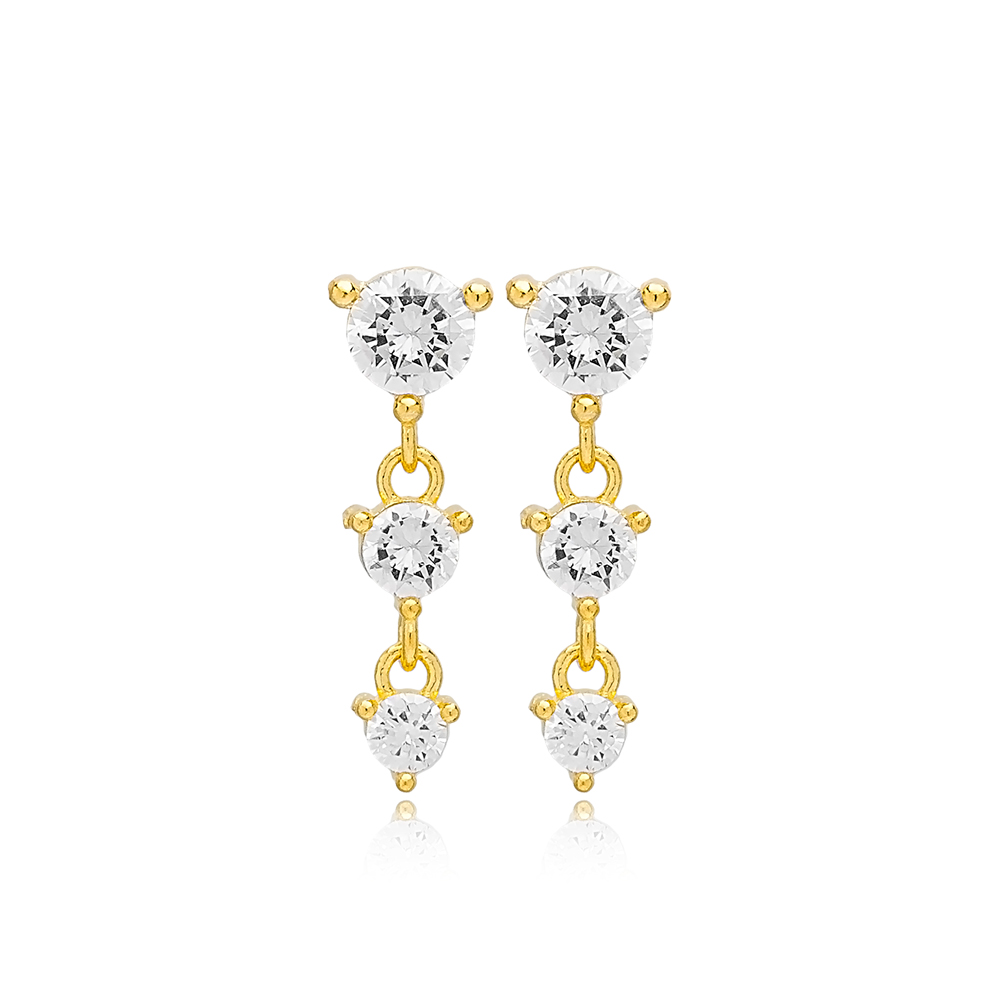 Dainty Three Clear Zircon Stone Design Stud Long Earrings