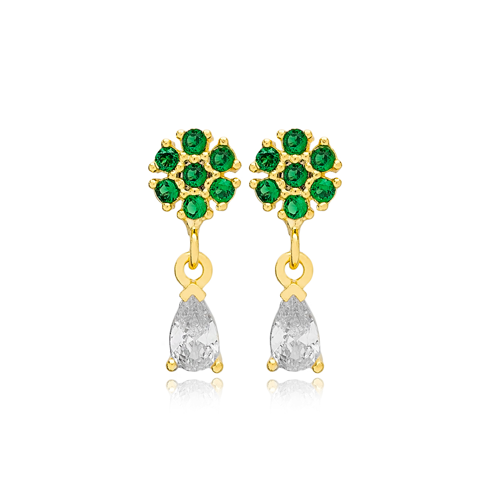 Emerald Zircon Stone Flower Drop Pear Minimalist Stud Earrings 925 Sterling Silver Jewelry