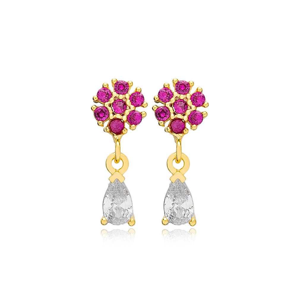 Ruby Zircon Stone Flower Drop Pear Minimalist Stud Earrings 925 Sterling Silver Jewelry