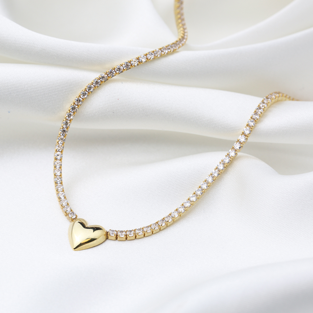 Dainty Plain Heart Design Tennis Necklace Pendant Wholesale 925 Sterling Silver Jewelry
