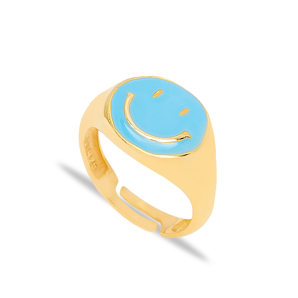 Blue Enamel Smile Design Emoji Ring Handmade Wholesale 925 Sterling Silver Jewelry