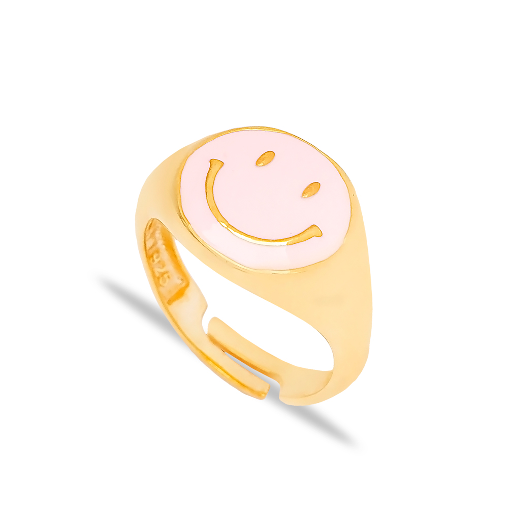 Pink Enamel Smile Design Emoji Ring Handmade Wholesale 925 Sterling Silver Jewelry