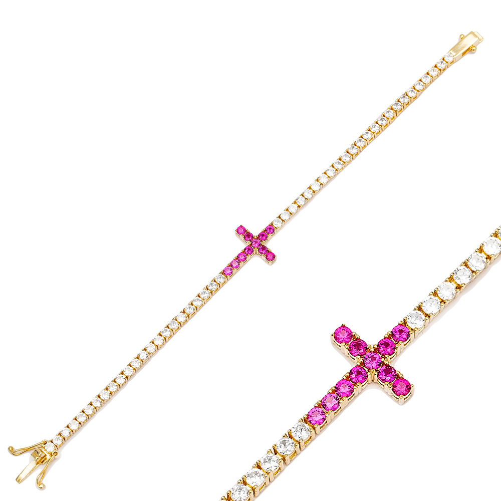 Ruby Cross Charm Tennis Bracelet Handcrafted 925 Sterling Silver Jewelry