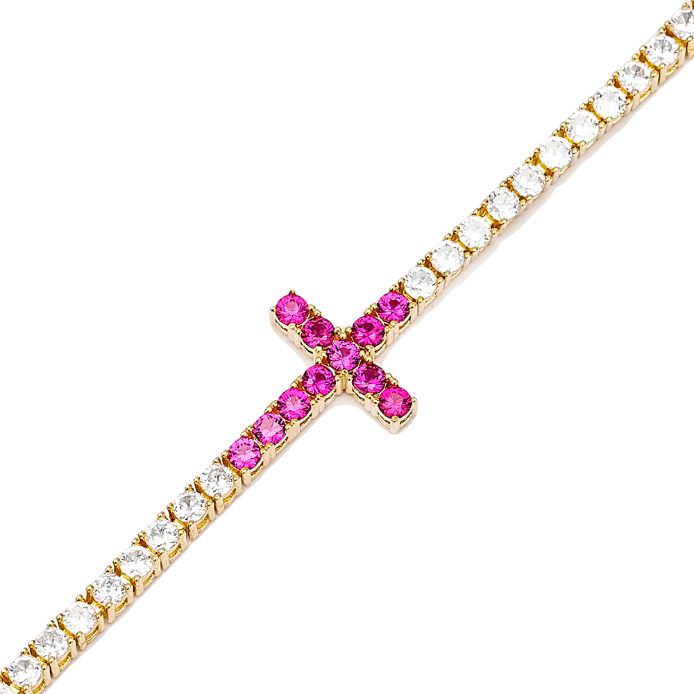 Ruby Cross Charm Tennis Bracelet Handcrafted 925 Sterling Silver Jewelry