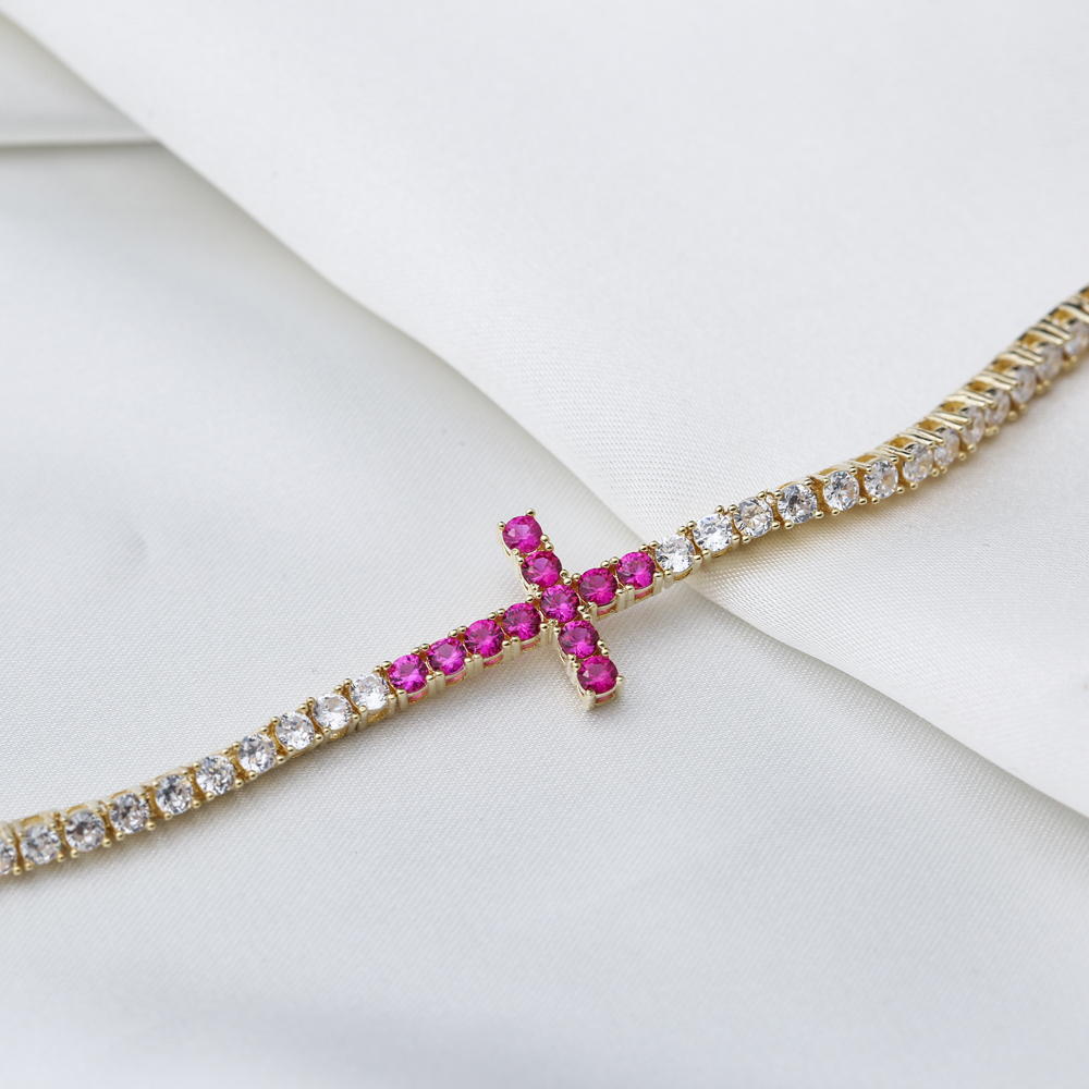 Ruby Cross Charm Tennis Bracelet Handcrafted 925 Sterling Silver Jewelry
