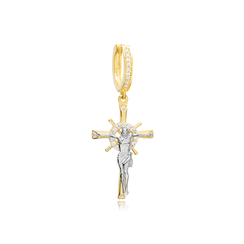 Jesus Cross Single  Dangle Earrings Wholesale Christian 925 Sterling Silver Jewelry