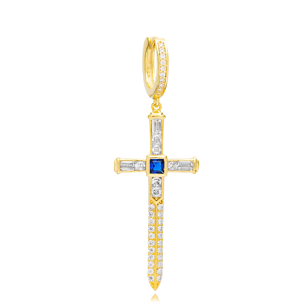 Stylish Single Cross Charm Dangle Earrings Zircon Sapphire Stone 925 Sterling Silver Jewelry