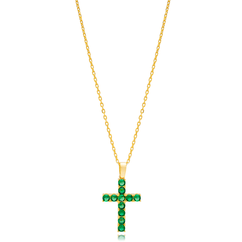 Emerald Stone  Cluster Cross Charm Pendant Necklace Handmade 925 Sterling Silver Jewelry