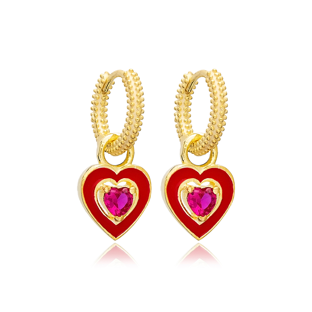 Heart Design Red Enamel Ruby Stone Dangle Hoop Earring 925 Sterling Silver Jewelry