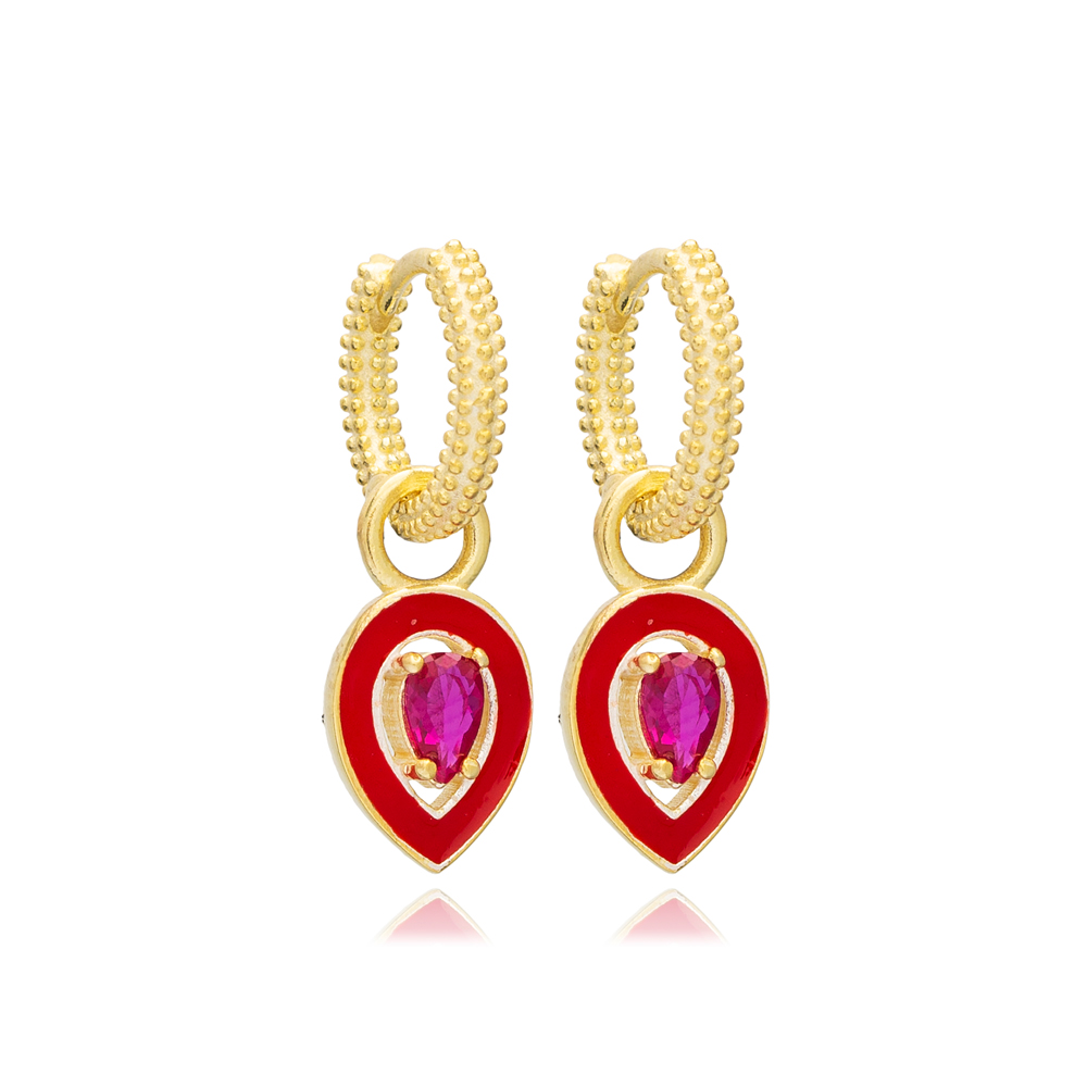 Pear Design Red Enamel Ruby Stone Dangle Hoop Earring 925 Sterling Silver Jewelry