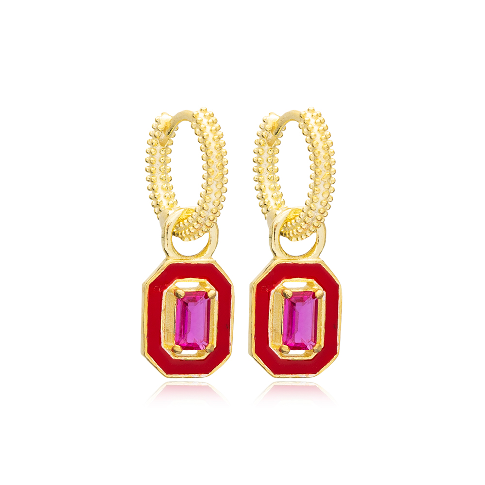 Rectangle Design Red Enamel Ruby Stone Dangle Hoop Earring 925 Sterling Silver Jewelry