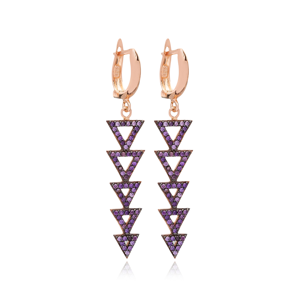 Amethyst Stone Dangle Clip On Triangle Desing Long Earrings Turkish Wholesale Sterling Silver Jewelry