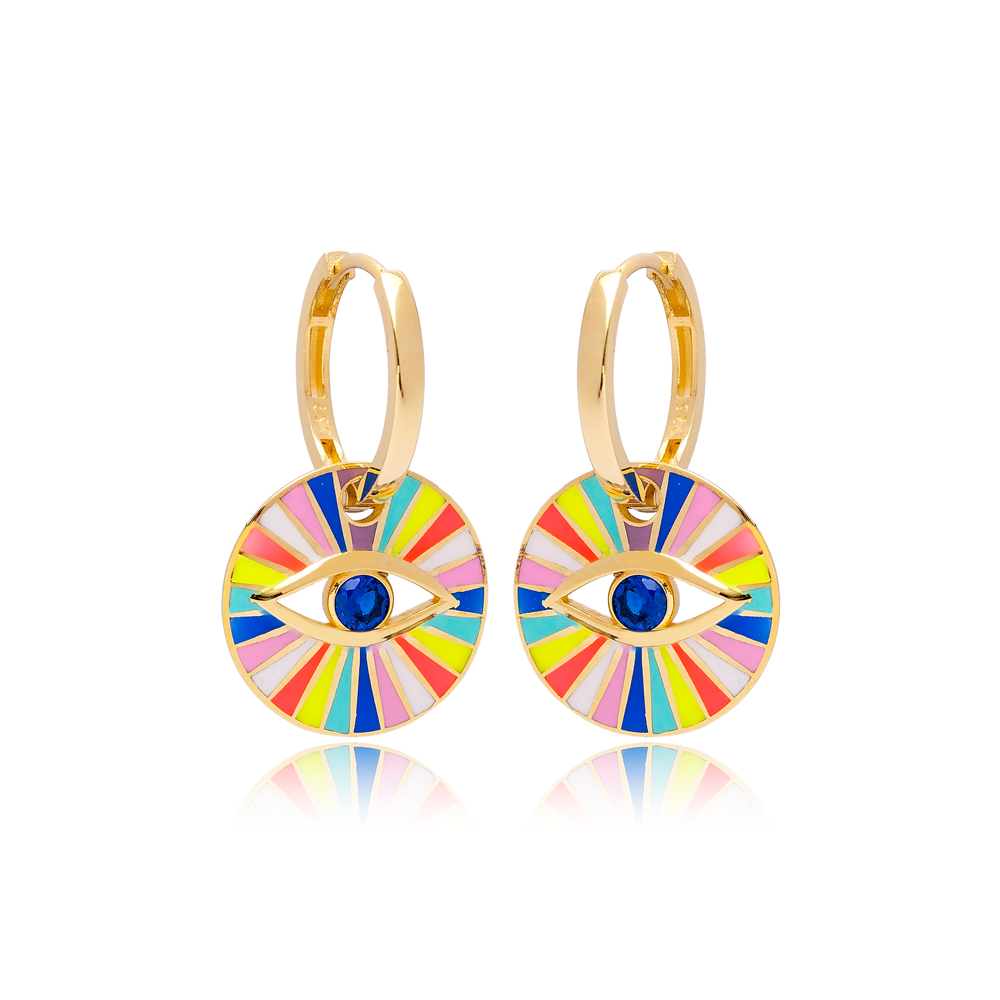 New Trendy Rainbow Enamel Evil Eye Design Earrings Turkish Wholesale 925 Sterling Silver Jewelry