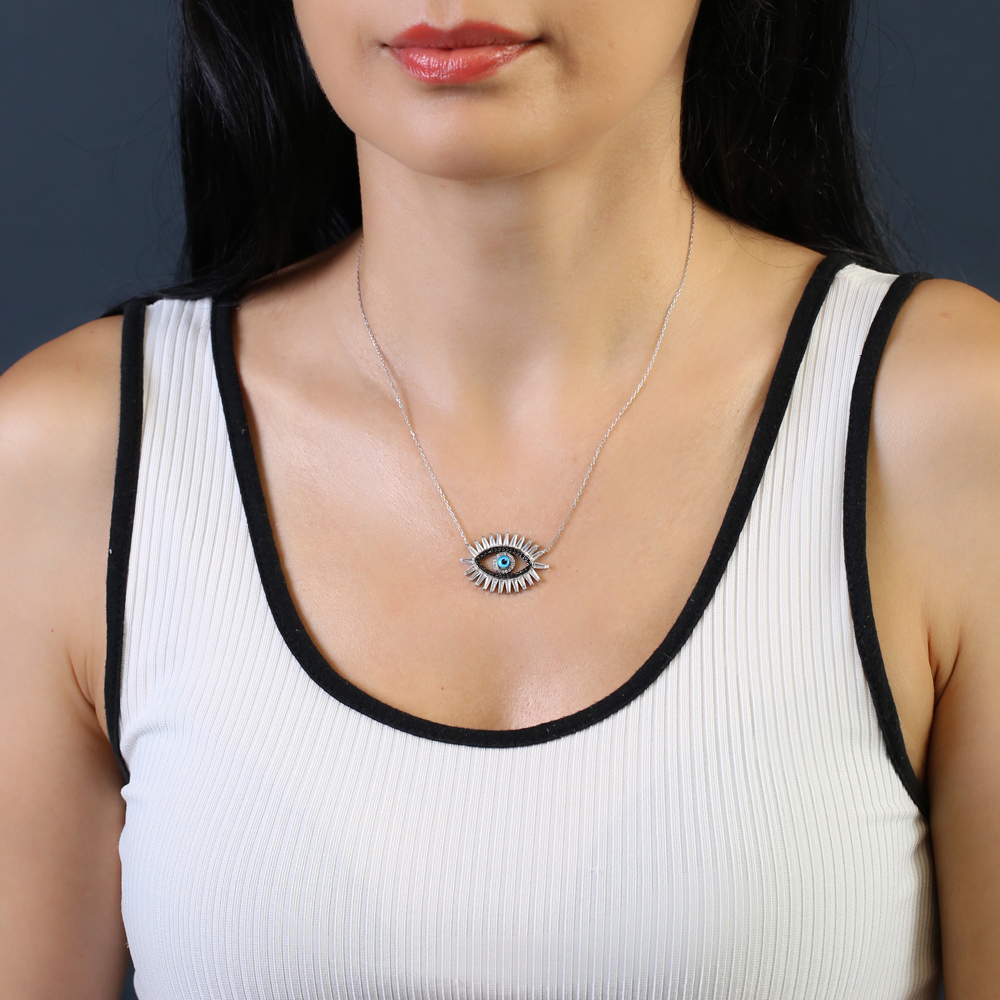 Turkish Evil Eye Design Baguette Pendant Necklace Wholesale Handmade 925 Silver Sterling Jewelry