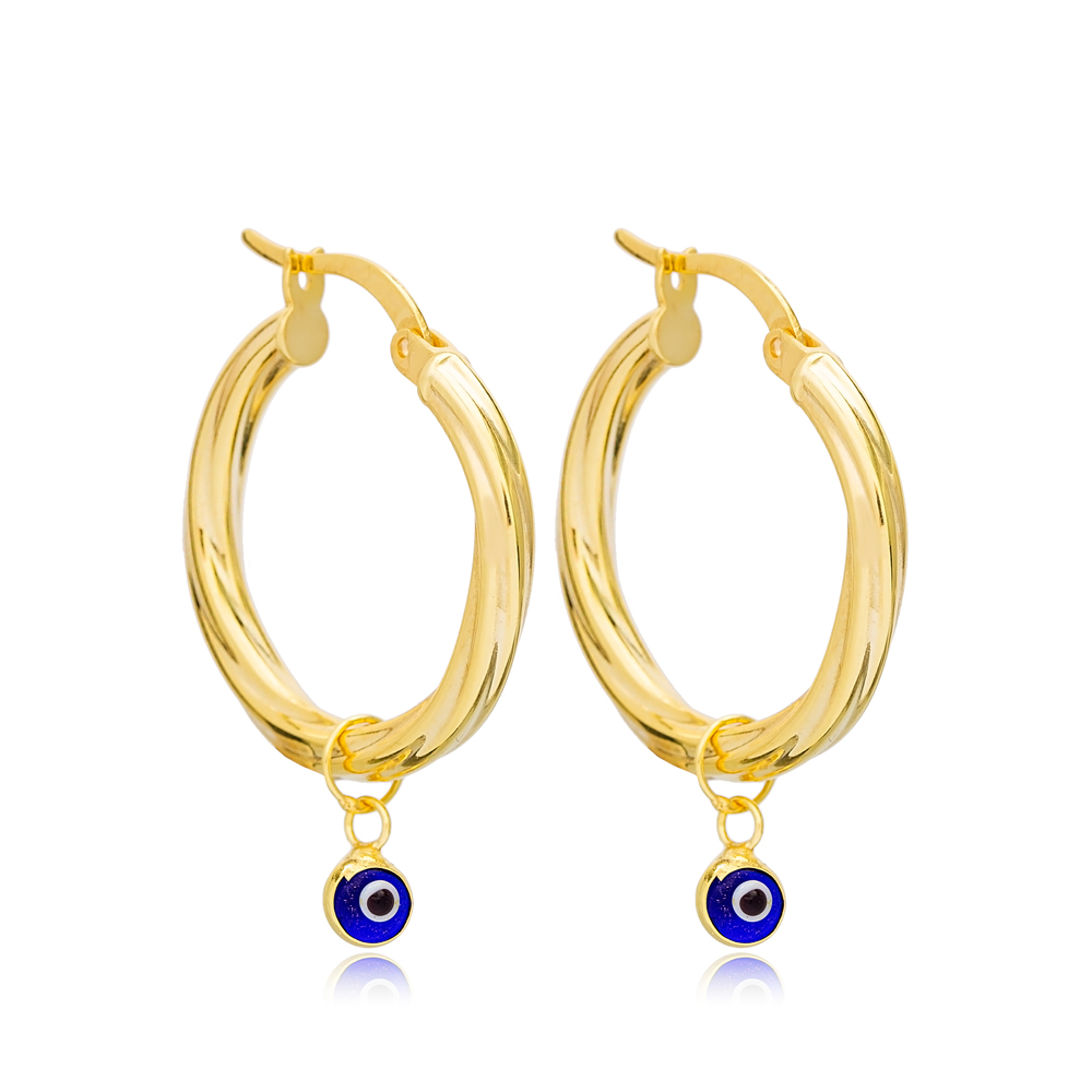 23 mm Hoop Earrings Trendy Style with Minimalist Evil Eye Turkish 925 Sterling Silver Jewelry