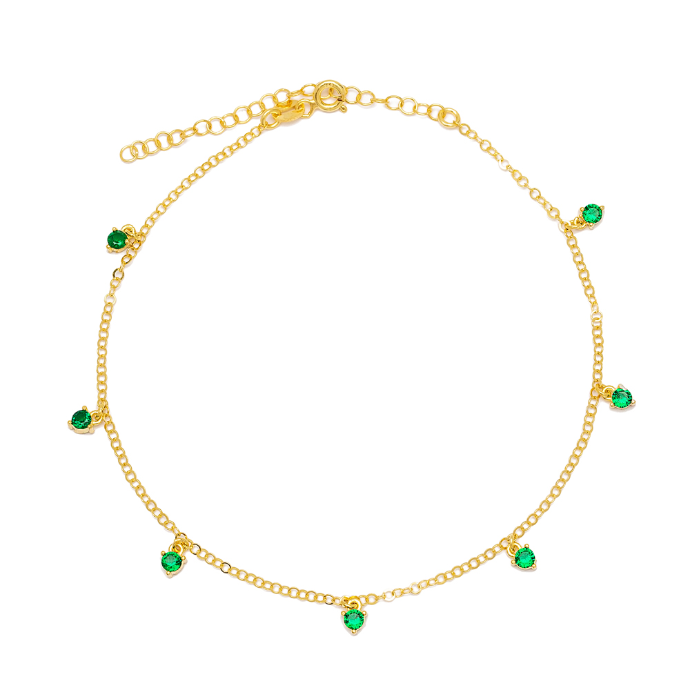 Trendy Shaker Emerald Stone Women Anklet Turkish Wholesale 925 Sterling Silver Jewelry