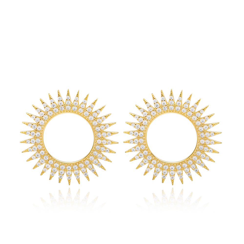 Sun Design Hollow Round Dainty Stud Earrings Turkish Handmade 925 Sterling Silver Jewelry