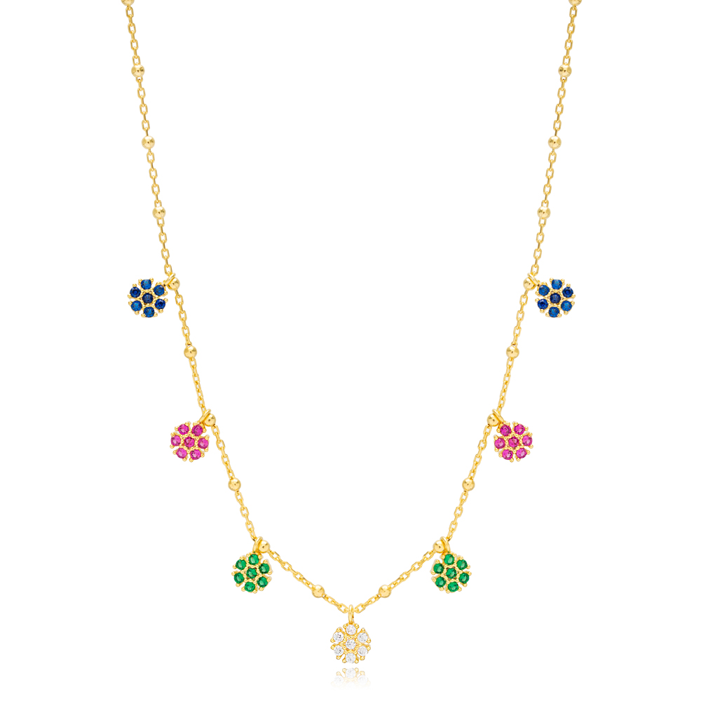 Colorful Flower Design Dainty Shaker Necklace Turkish Handmade 925 Sterling Silver Jewelry