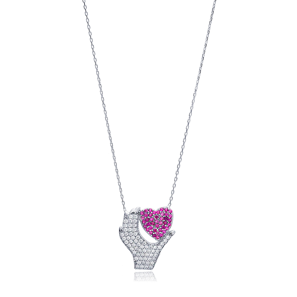 Heart in Hand Ruby Zircon Stone Charm Necklace Pendant Wholesale 925 Sterling Silver Jewelry