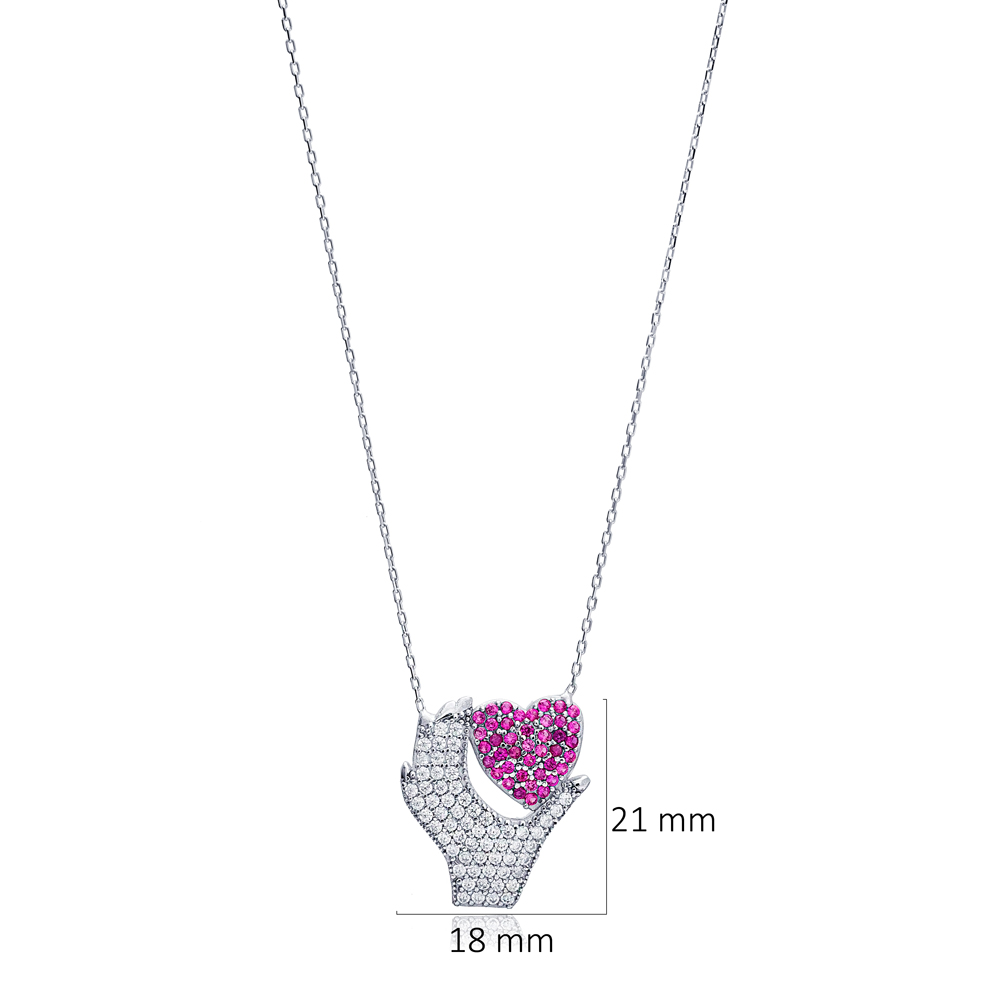 Heart in Hand Ruby Zircon Stone Charm Pendant Necklace Wholesale 925 Sterling Silver Jewelry