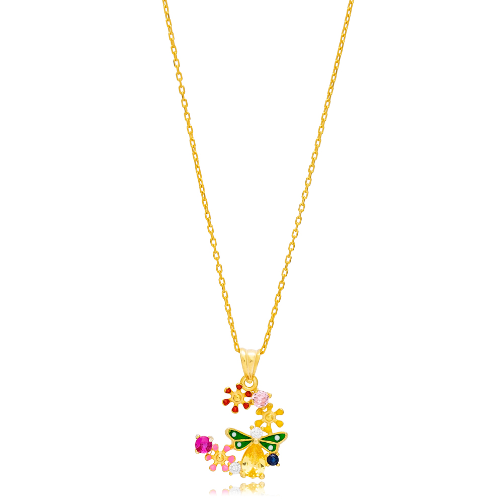 Multicolor Zircon Enamel Flower Butterfly Design Charm Pendant Necklace Wholesale Turkish 925 Sterling Silver Jewelry