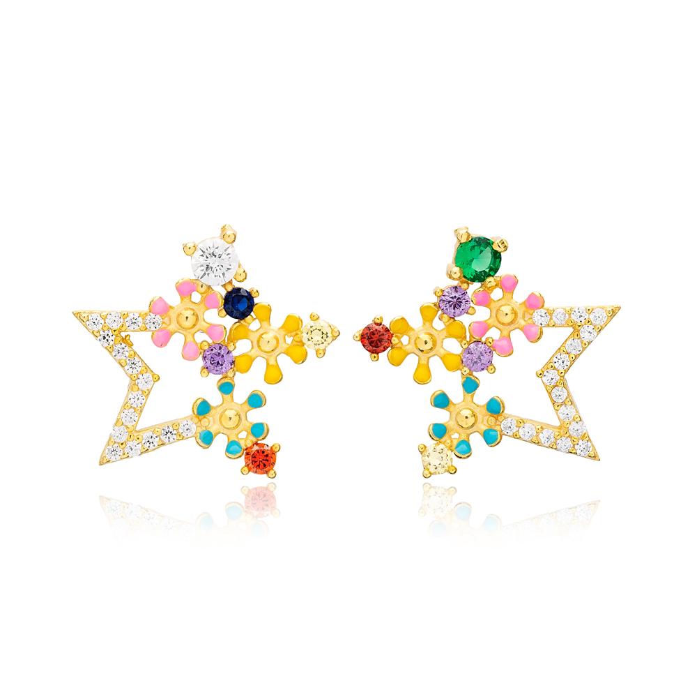 Multicolor Zircon Enamel Flower Star Design Stud Earrings Wholesale Turkish 925 Sterling Silver Jewelry