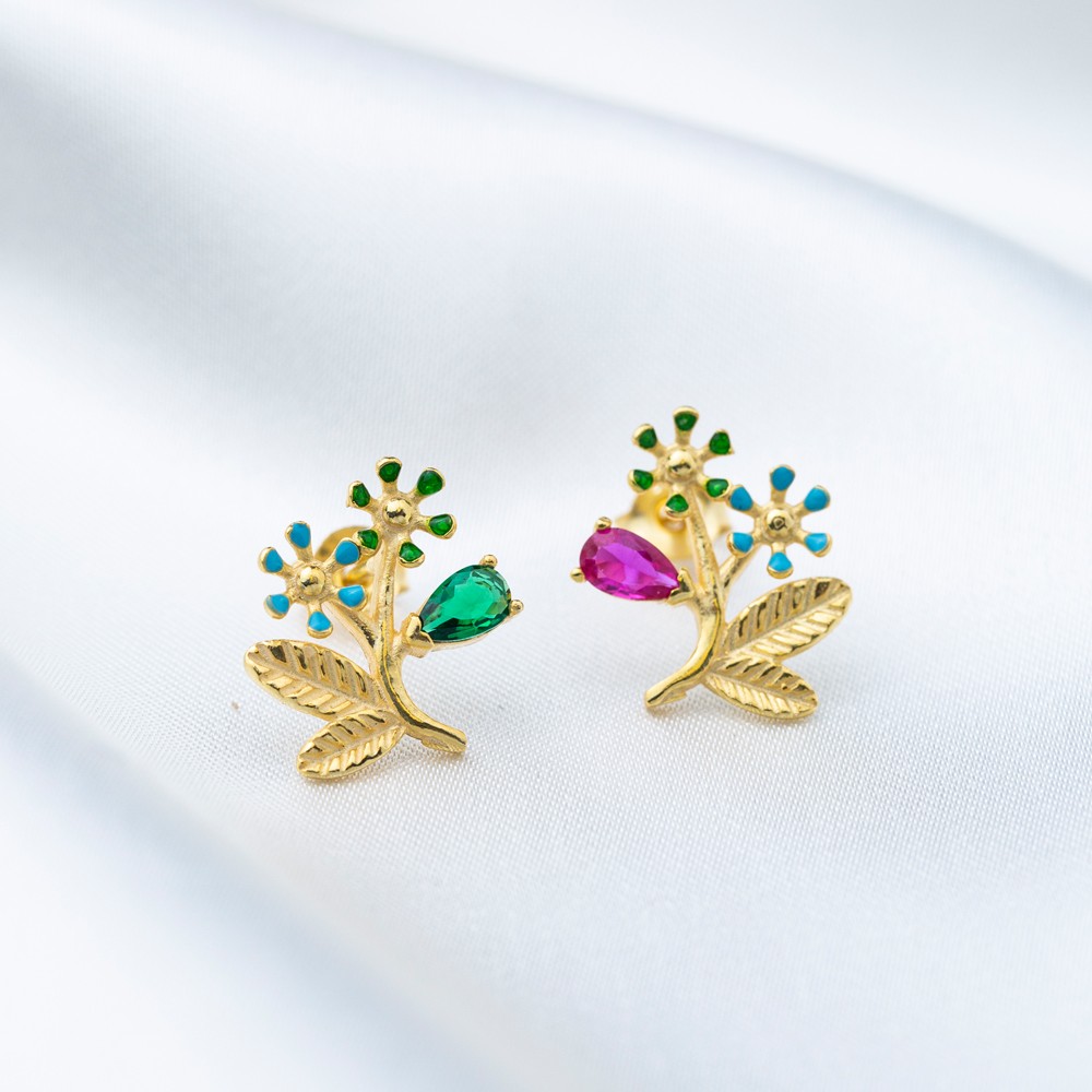 Minimalist Enamel Flower Design Stud Earrings Handmade Turkish 925 Sterling Silver Jewelry