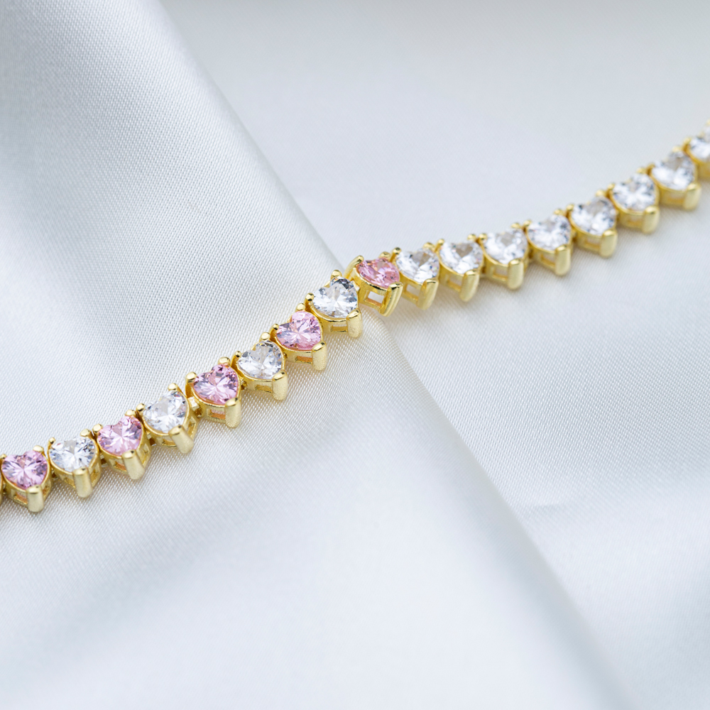 Pink Zircon Stone Heart Design Dainty Tennis Bracelet Handmade Turkish 925 Sterling Silver Jewelry