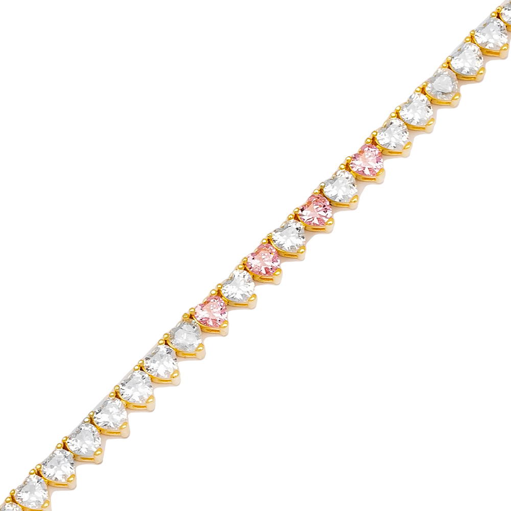 Popular Pink Zircon Stone Heart Shape Chic Tennis Bracelet Handmade Turkish 925 Sterling Silver Jewelry