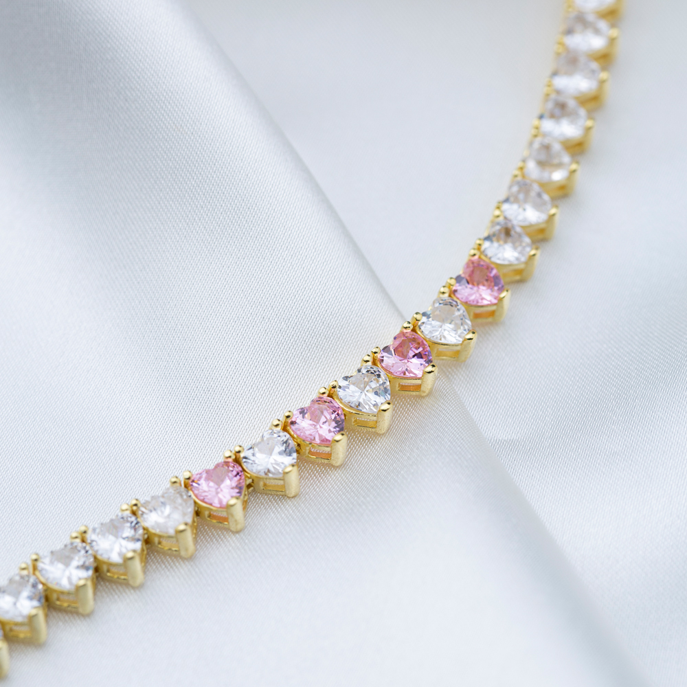 Popular Pink Zircon Stone Heart Shape Chic Tennis Bracelet Handmade Turkish 925 Sterling Silver Jewelry
