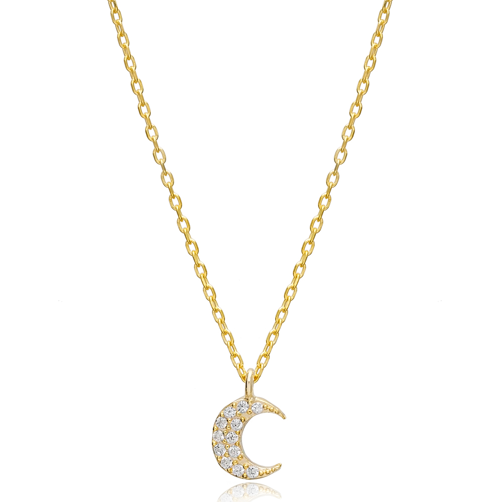 Minimalist Moon Zircon Charm Necklace Pendant Turkish Wholesale 925 Sterling Silver Jewelry