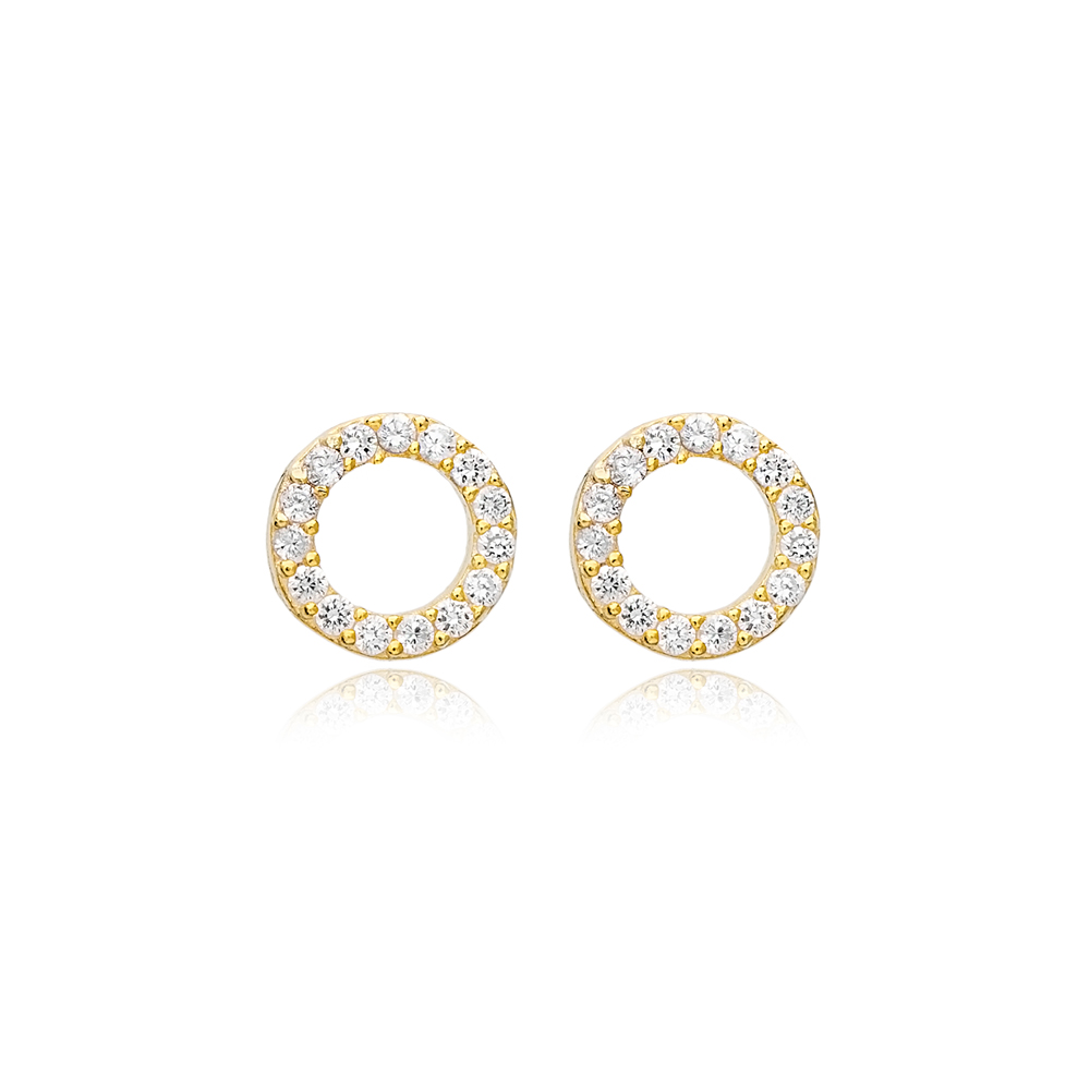 Tiny Hollow Round Design Zircon Stone Stud Earrings Wholesale 925 Sterling Silver Jewelry