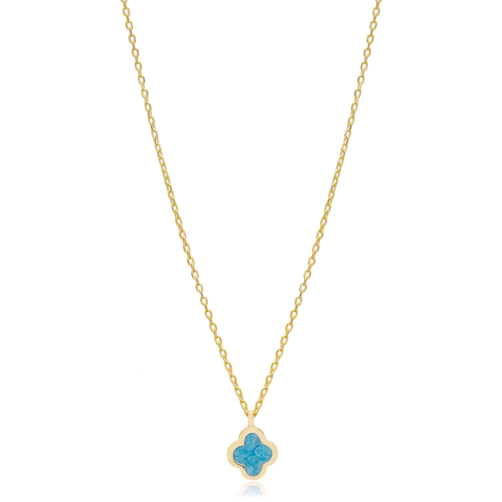 Blue Enamel Clover Charm Necklace Pendant Turkish Wholesale 925 Sterling Silver Jewelry