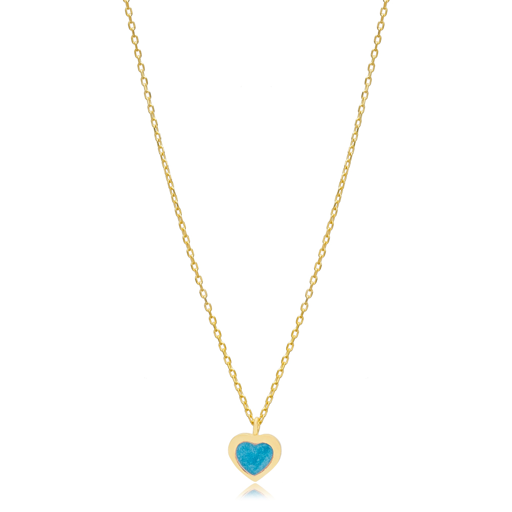 Blue Enamel Heart Design Charm Necklace Pendant Turkish Wholesale 925 Sterling Silver Jewelry