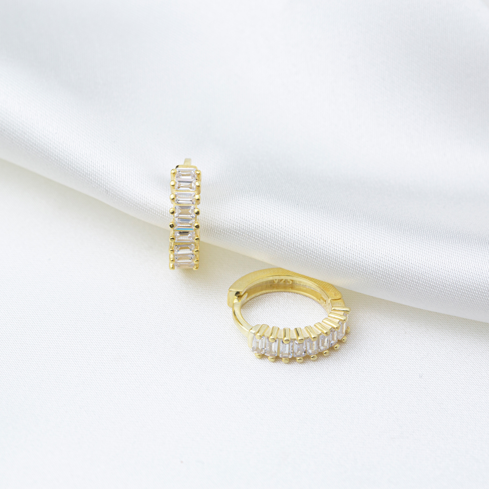 13 mm Clear Zircon Stone Baguette Hoop Earrings Handmade Women 925 Sterling Silver Jewelry