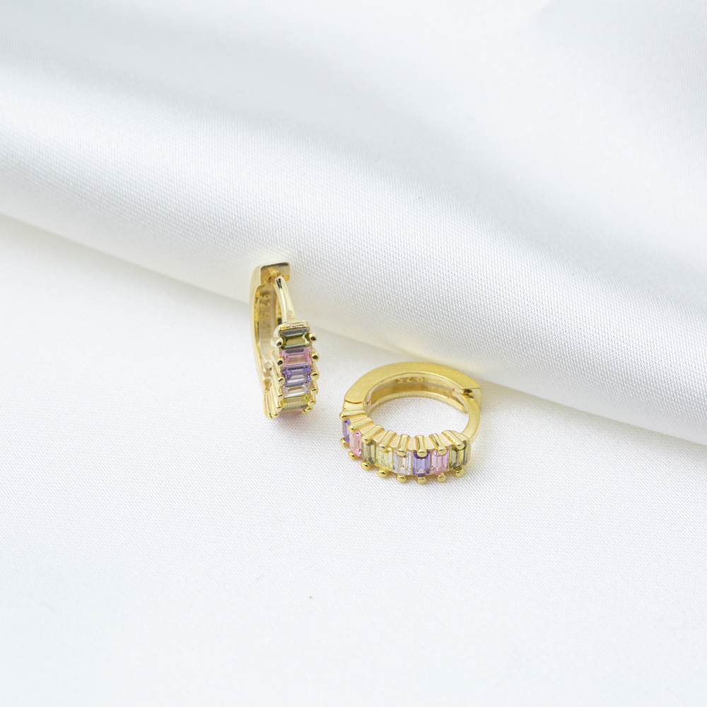 13 mm Mix Stone Colorful Baguette Hoop Earrings Women Wholesale 925 Sterling Silver Jewelry